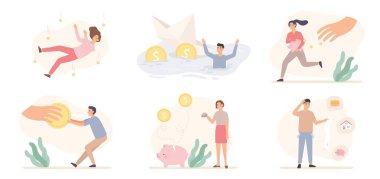 Finansal sorunlar. Küresel ekonomik kriz şirket iflası, ödenmemiş kredi borcu. Para sorunu, depresif insanlar vektör dizisi