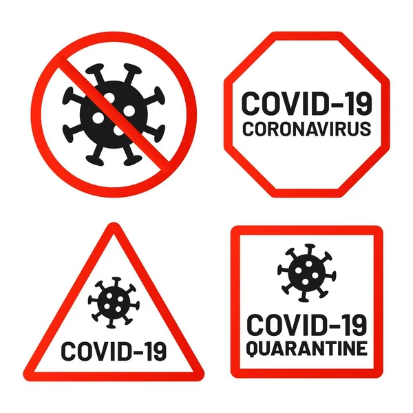 Covid-19 signos de prohibición, atención y advertencia conjunto — Archivo Imágenes Vectoriales