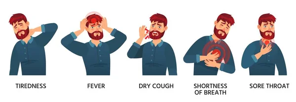 Covid-19症状男性、疲倦、发烧和干咳 — 图库矢量图片