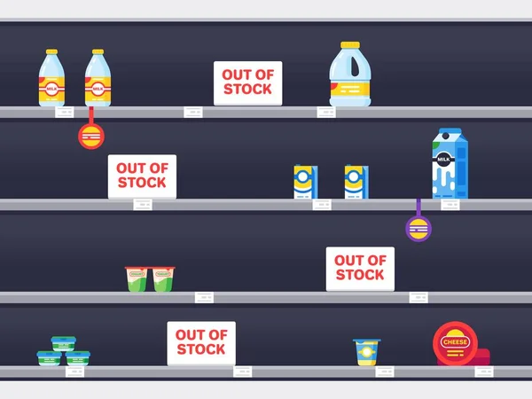 Supermercato interno scaffale con prodotti esauriti — Vettoriale Stock