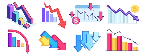 Spadnout do mapy. Finanční krize, obchodní problémy a pokles ekonomiky. Graf šipky dolů, ztráta a snížení příjmů. Zisk klesající vektorové sady — Stockový vektor