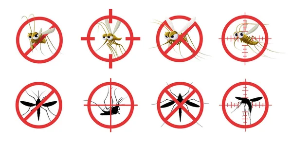 Σημάδι κατά των κουνουπιών. Πληροφορίες κόκκινο απαγορευμένο στόχο κουνουπιών, σηματοδότηση σταματήσει gnat δαγκώσει επικίνδυνη μόλυνση, φροντίδα υγιεινής. Σύνολο διανύσματος — Διανυσματικό Αρχείο