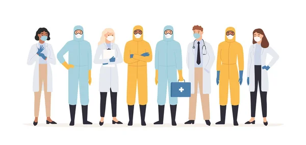 Sağlık çalışanları. Koruyucu giysiler içindeki profesyonel doktorlar ve hemşireler bir arada duruyorlar. Covid 19 virüs salgını vektör kavramı — Stok Vektör