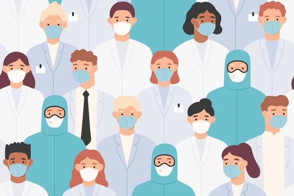 Kórházi személyzet mintája. Orvosok és nővérek védőruhában és orvosi maszkban. Covid 19 pandémia, coronavirus Zökkenőmentes vektor textúra — Stock Vector