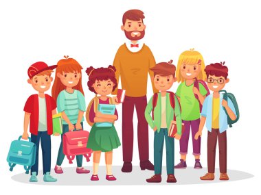 Ortaokul çocukları ve öğretmenleri. Sırt çantaları ve kitapları bir arada olan mutlu gençler.