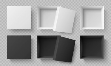 Top view white and black boxes. Realistic 3d cardboard mockup isolated on transparent background. Square package clipart
