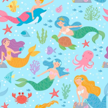 Denizkızı desenli. Peri masalı prensesleri ve deniz yaratıkları, dünya sualtı tasarımları, duvar kağıdı, kumaş desenli moda vektörü dokusu.