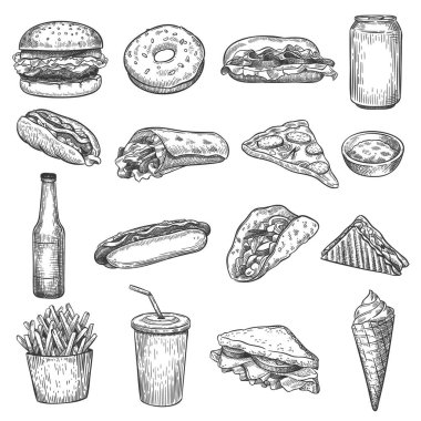 Fast food skeci. Pizza, çörek ve dondurma, patates kızartması ve hamburger. Taco, kola ve sosisli sandviç, burrito ve çizburger vektör karalama seti
