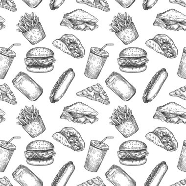 Fast food kusursuz desen. El yapımı pizza, hamburger ve patates, sosisli sandviç, hamburger ve kola fast food menü duvar kağıdı vektör dokusu için.