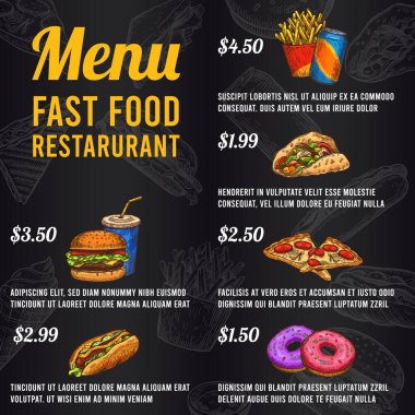 Fast food menüsü. Fiyat menüsü fast food restoranı ya da bistro. Hamburger ve sosisli sandviç, abur cubur ve patates, pizza ve çörek, vektör şablonu.