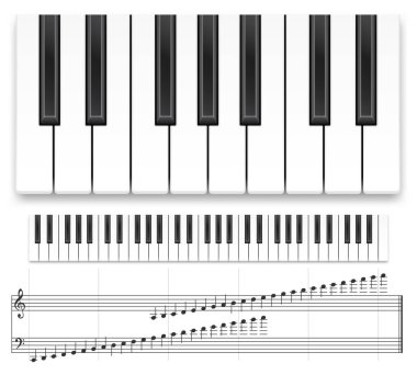 Piyano klavyesi. Gerçekçi müzik enstrümanı büyük piyano klavyesi ya da sentezleyici ve müzik notaları vektör şablonu