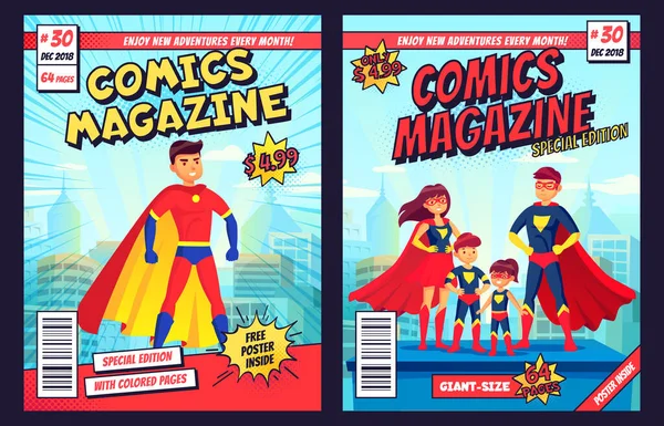 Capa de livro em quadrinhos com personagens super-heróis e familiares. Retro revista modelo de primeira página editável —  Vetores de Stock