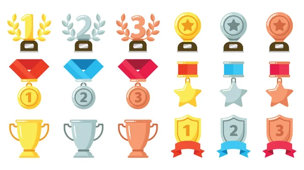 Goud, zilver, bronzen prestaties of prijzen. Medailles, trofeeën en beloningen met olijfkrans voor winnaar — Stockvector