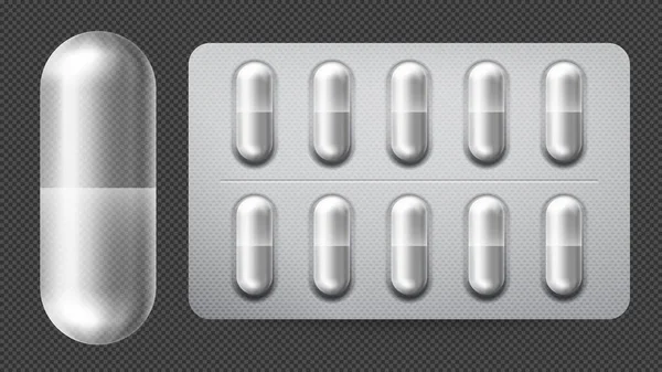 Envase de pastillas médicas con cápsulas. Tratamiento de la enfermedad y el dolor con analgésicos, antibiótico tableta realista — Vector de stock