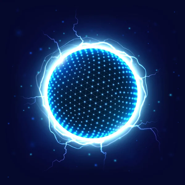 Esfera de energía eléctrica con truenos eléctricos brillando. Bola con puntos rodeada de relámpagos azul brillante — Vector de stock