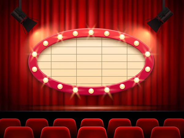 Cadre de théâtre éclairé par des projecteurs. Panneau de cinéma rétro avec bordure décorée de lampes sur rideaux rouges — Image vectorielle