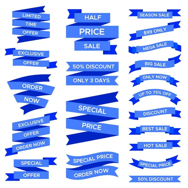Niebieskie wstążki sprzedażowe odizolowane na białym tle. Etykiety o różnych kształtach i formach z tekstem w specjalnej cenie — Wektor stockowy