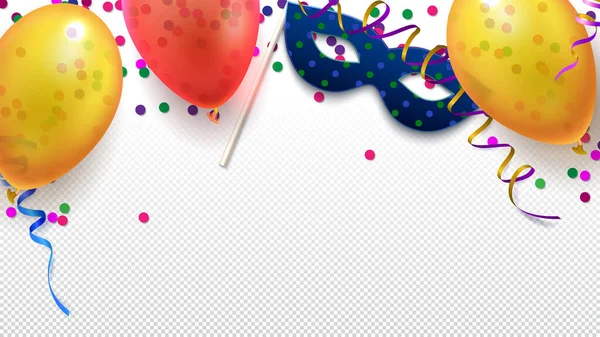 Carnaval mascarada festivo plano yacía fondo. Elementos de celebración como máscara, globos, serpentinas y confeti — Vector de stock