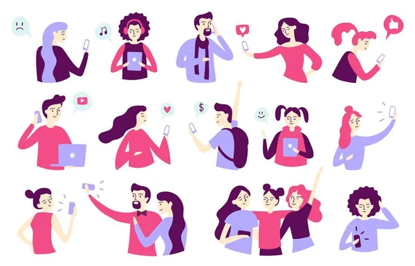 Personajes de hombre y mujer usando smartphone. Concepto de adicción al gadget. Jóvenes charlando, escuchando música — Vector de stock