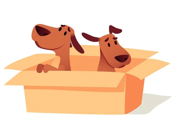 Собаки в картонной коробке ждут владельца, концепция усыновления. Бездомные милые щенки ищут новый дом — стоковый вектор