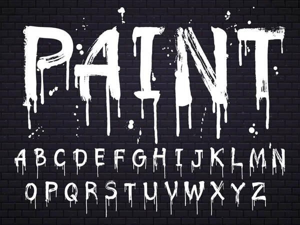 Шрифт капающей краски для латинского алфавита изолирован на темном фоне кирпичами. Буквы белого масла — стоковый вектор