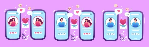 Internet houdt van dating applicatie. Mobiele telefoon met man en vrouw profielen op zoek naar romantische partner — Stockvector