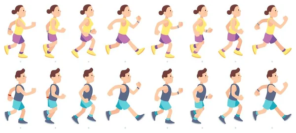 Un homme et une femme courent. Animation des gens. Athlète sportif en tenue de sport ayant course de marathon. Couple jogging — Image vectorielle