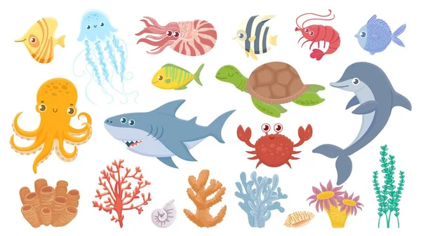 Dessin animé vie marine. Mignon poisson de mer, coraux aquatiques, méduses et pieuvres. Drôle de requin et de dauphin. Ensemble d'illustrations vectorielles de crabe marin, tortue marine et crevettes — Image vectorielle