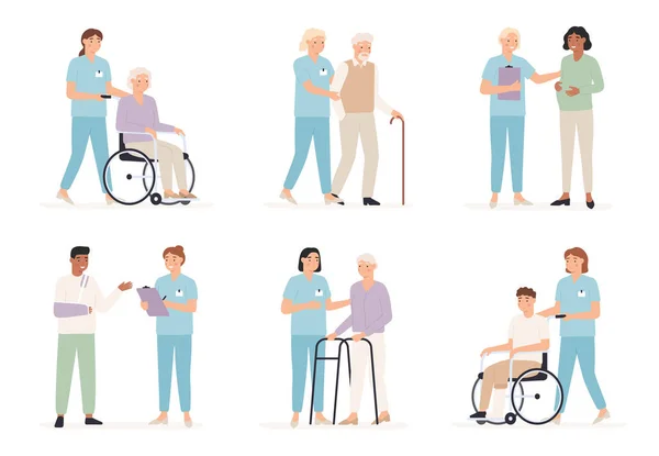 护士照顾病人。家庭医生和住院的人一起做X光检查老年人和残疾人护理病媒概念 — 图库矢量图片