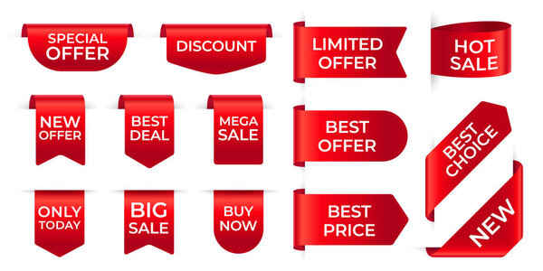 Red ribbon labels. Shopping exclusive stickers and big sale tag, new offer, discount. Silk scarlet promotional event banners vector template