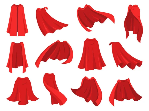 Superheld rode cape. Scarlet stof zijden mantel in verschillende positie, voor- en zijaanzicht. Mantelkostuum, magische omslag tekenfilmvector set — Stockvector