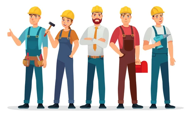 Industrial workers. Professional technician, mechanical engineer with helmet and professionals expert group cartoon vector illustration — Stock Vector