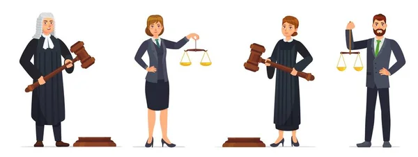 裁判官と弁護士。判事はハンマーと弁護士を正義の尺度で握っている。司法労働者、法律漫画のベクトルイラストセット — ストックベクタ
