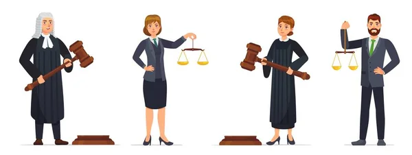 Juges et avocats. Juge tenant marteau et avocat avec des échelles de justice. Travailleurs judiciaires, droit dessin animé vectoriel illustration set — Image vectorielle