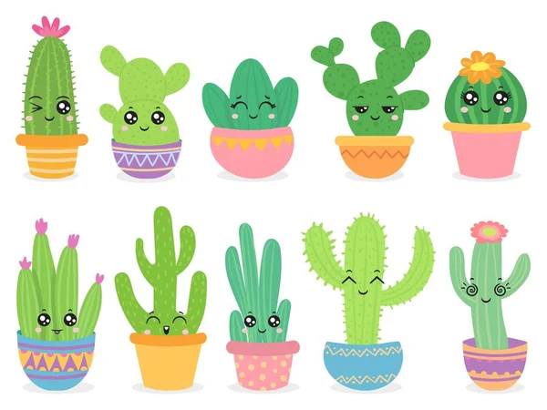 Cartoon cactus. Schattige sappige of cactussen plant met vrolijk grappig gezicht, tropische glimlachende bloem sticker, mexicaanse planten kleur vector tekens — Stockvector