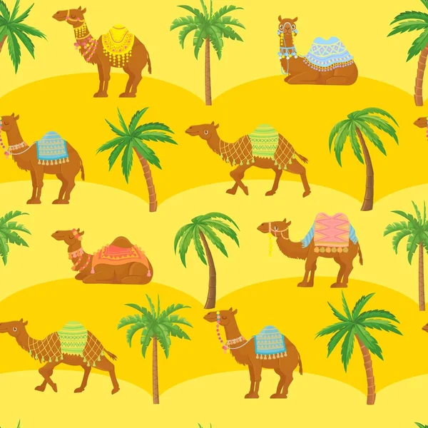 Seamless camel pattern. Cute cartoon camels in desert among sand dunes and palm trees. Egyption tribal vector wallpaper texture — Stock Vector