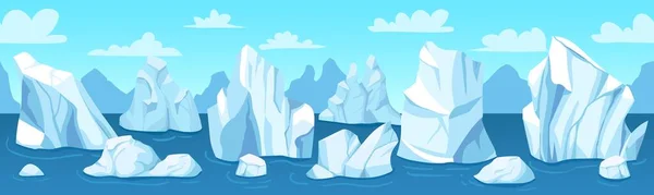 Paisaje ártico sin fisuras. Icebergs, montañas de nieve y colinas glaciar a la deriva antártico, panorama de invierno, ilustración de vectores de papel pintado — Archivo Imágenes Vectoriales