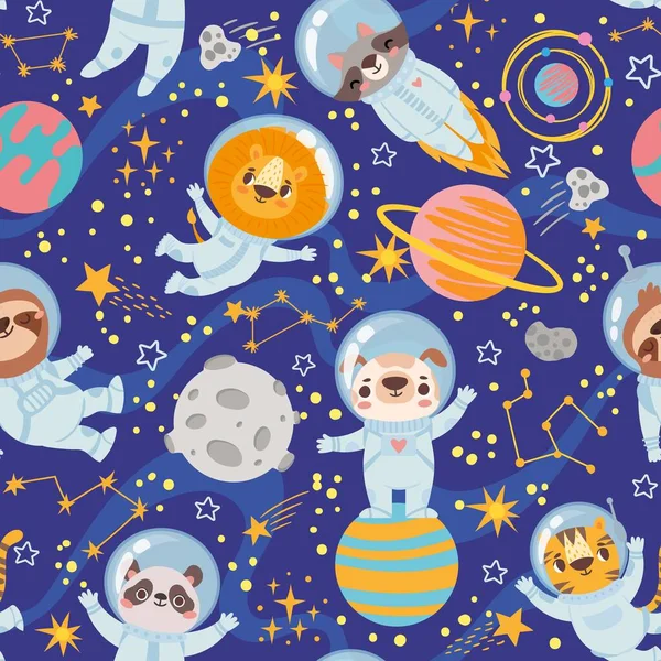 Animales en el espacio. Patrón inconsútil equipo espacial animales lindos, astronautas en trajes espaciales, universo estrellado papel pintado niños imprimir vector textura — Vector de stock