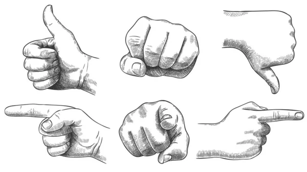 Gegraveerd handgebaar. Hand getekend als en een hekel, schets punch en wijzende vinger. Vintage wijzer vector illustratie set — Stockvector