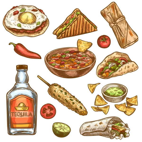 Geleneksel Meksika yemekleri. Meksika usulü burrito, taco ve nachos, enchilada ve chili pepper, tekila renkli çizim vektörü seti — Stok Vektör