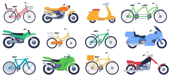 Düz motosikletler. Motosikletler, motosikletler ve scooterlar, teslimat için hız bisikleti, araç ile seyahat, spor motokros vektörü seti — Stok Vektör