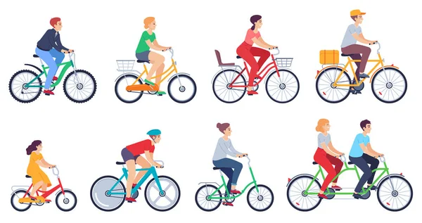 Andar de bicicleta. Mulheres, homens andar de bicicleta esportes atividade ao ar livre, amigos andar de bicicleta corrida na rua da cidade colorido conjunto vetor de desenhos animados —  Vetores de Stock