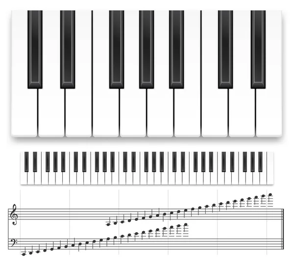 Teclado de piano. Instrumento de música realista vista superior piano de cauda teclado ou sintetizador e notas musicais modelo de vetor — Vetor de Stock