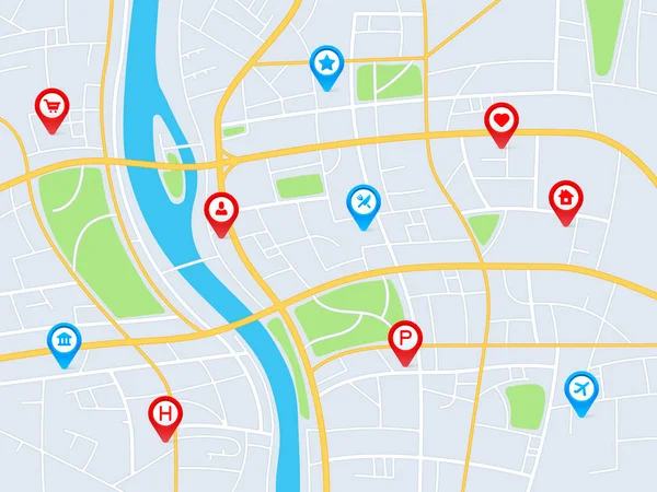 Χάρτης της πόλης με καρφίτσες. Διαδρομή πλοήγησης Gps με δείκτες, εντοπισμός δρόμων και οικιστικών μπλοκ, ιδέα geo travel internet service vector — Διανυσματικό Αρχείο