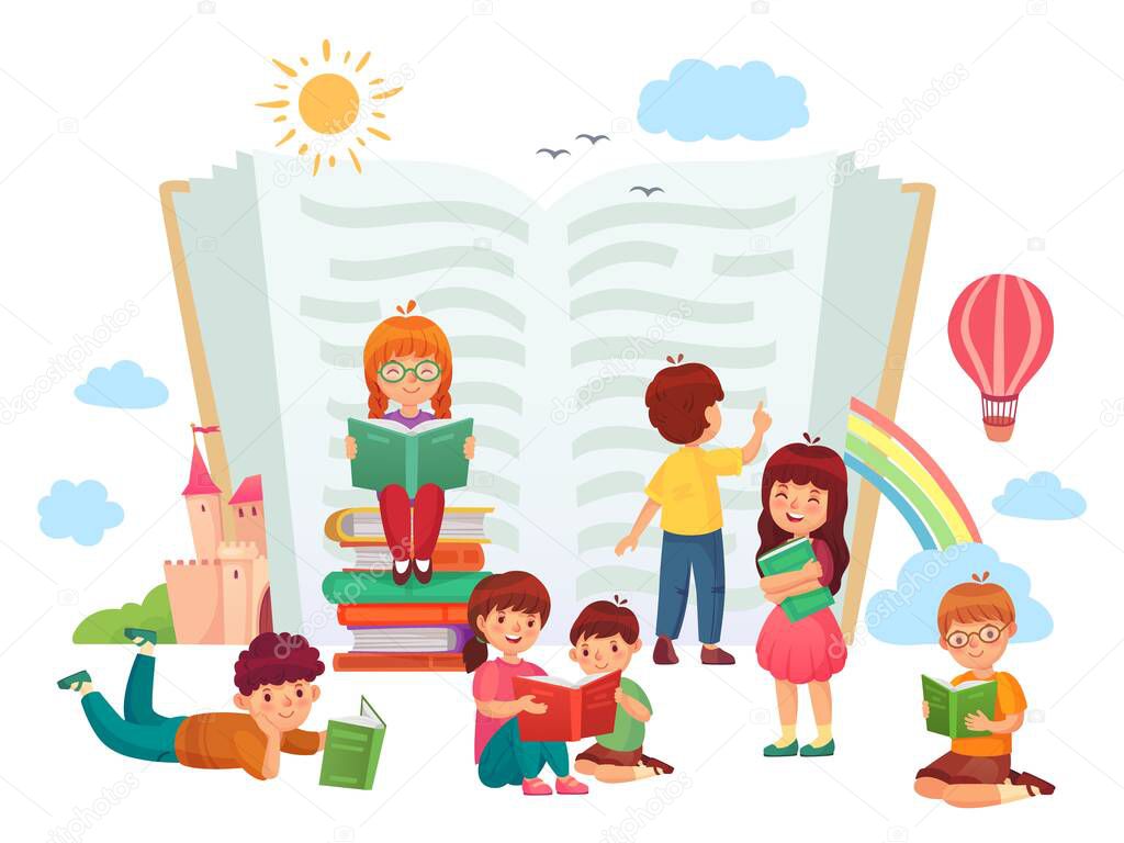 Kids reading books. Children in group enjoying literature, loving to read. Boys and girls learning or studying