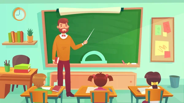 Insegnante di sesso maschile insegna agli studenti in classe scuola elementare — Vettoriale Stock