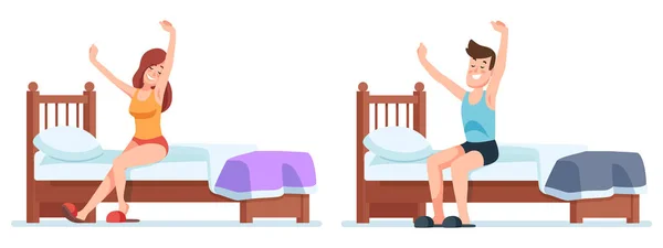 Woman and man wakes up. Early ge up in bedroom — Stock Vector