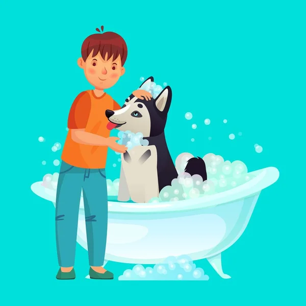 Το παιδί πλένει σκυλιά. Πλύσιμο κατοικίδιων στην μπανιέρα — Διανυσματικό Αρχείο