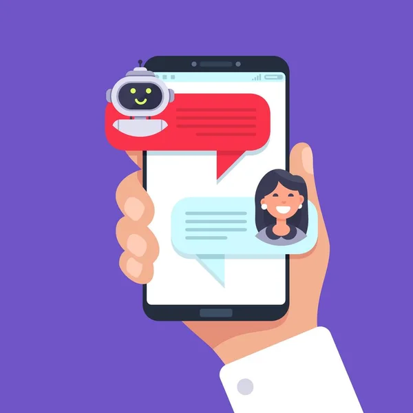 Mobiele telefoon chatten met chat bot, bot gesprek online — Stockvector