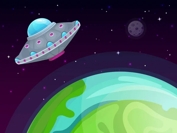 Διανυσματική έννοια UFO. Διαστημόπλοιο ταξιδεύει, sci-fi στο νυχτερινό ουρανό — Διανυσματικό Αρχείο